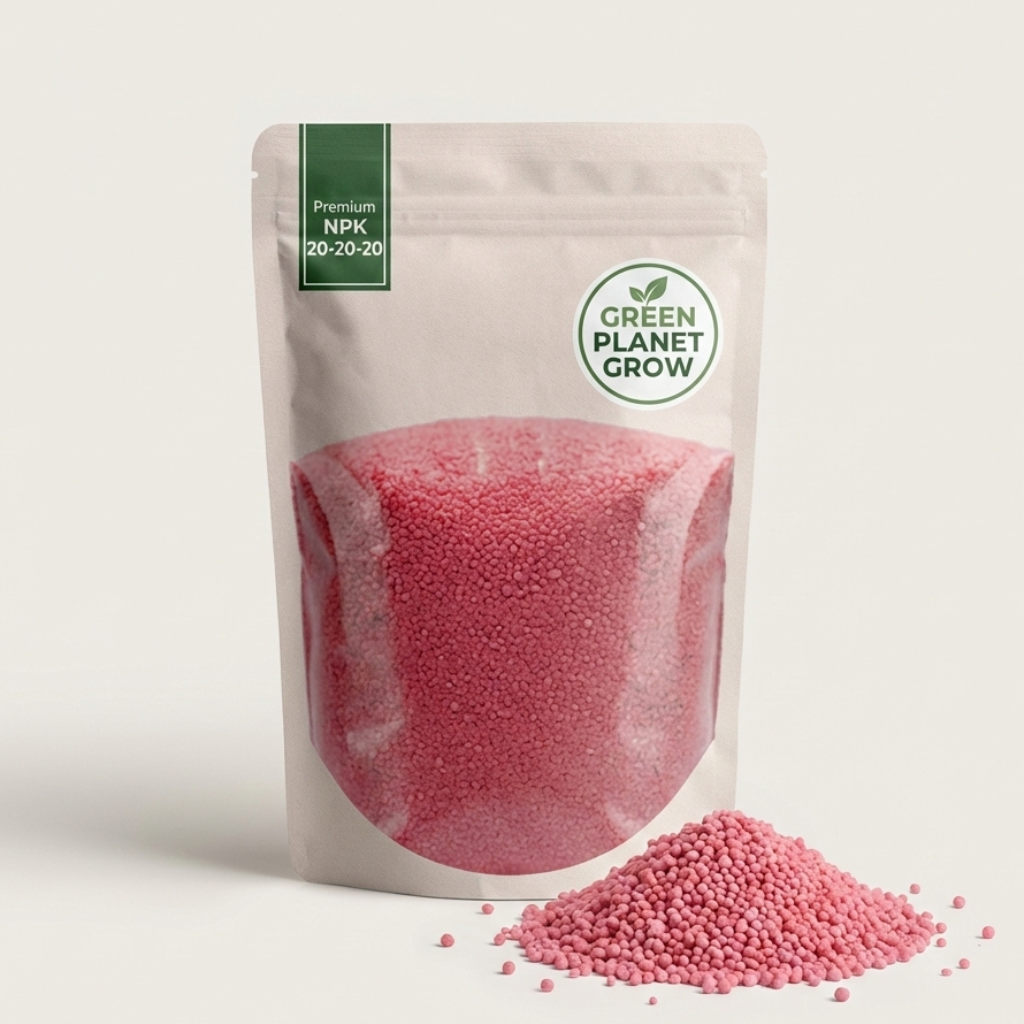 Pink granular product in a 'Green Planet Grow' branded packaging on a light background