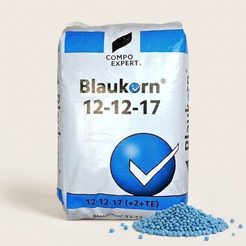 Bag of Blaukorn fertilizer with visible branding on a beige background