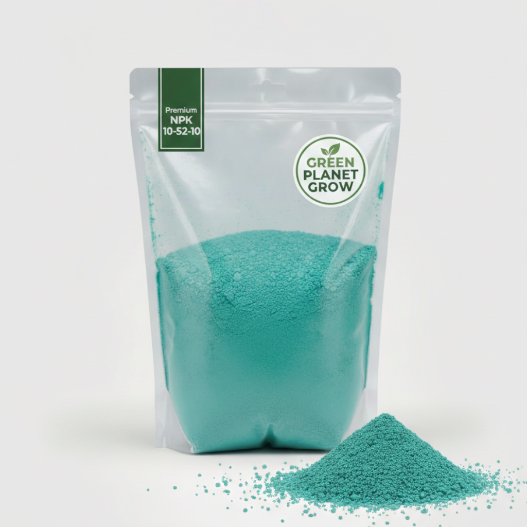 Turquoise powder in a 'Green Planet Grow' packaging on a white background