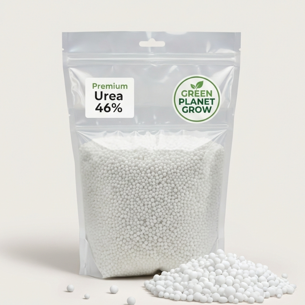 Bag of white pellets with 'Green Planet Grow' branding on a light gray background