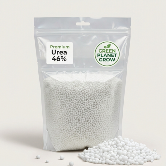 Bag of white pellets with 'Green Planet Grow' branding on a light gray background