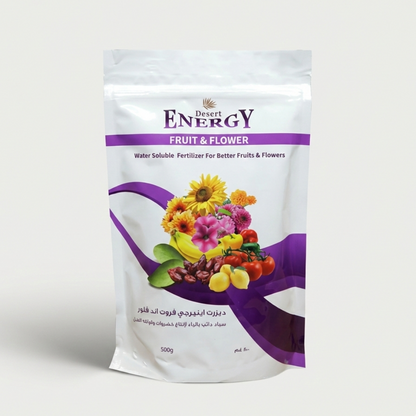 Desert Energy Fruit & Flower fertilizer packaging on a light gray background