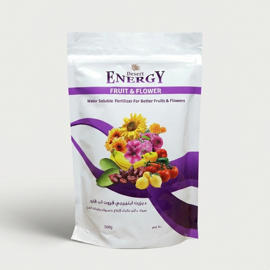 Desert Energy Fruit & Flower fertilizer packaging on a light gray background