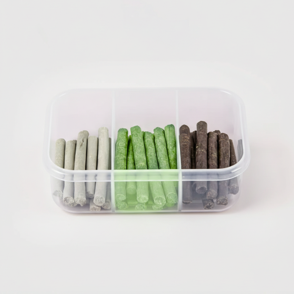 Clear container with compartments holding different colored sticks on a white background