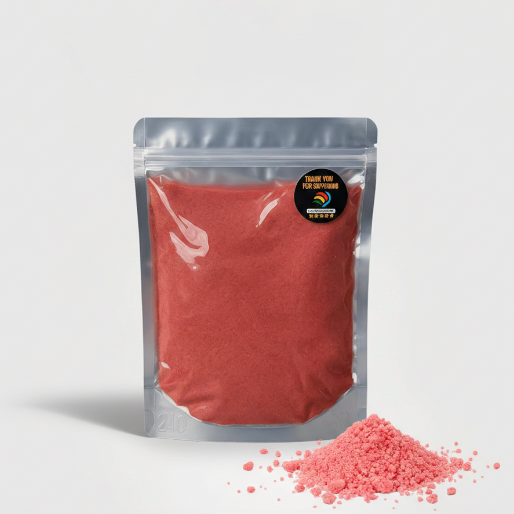 Red powder in a clear packaging bag with a visible brand logo on a light gray background