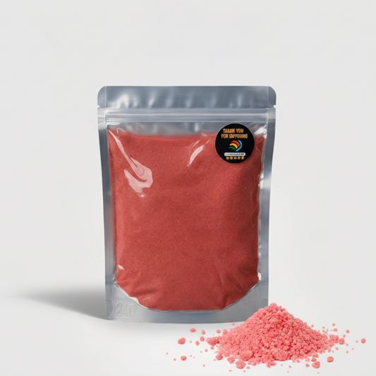 Red powder in a clear packaging bag with a visible brand logo on a light gray background