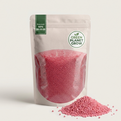 Pink granular product in a 'Green Planet Grow' branded packaging on a light background