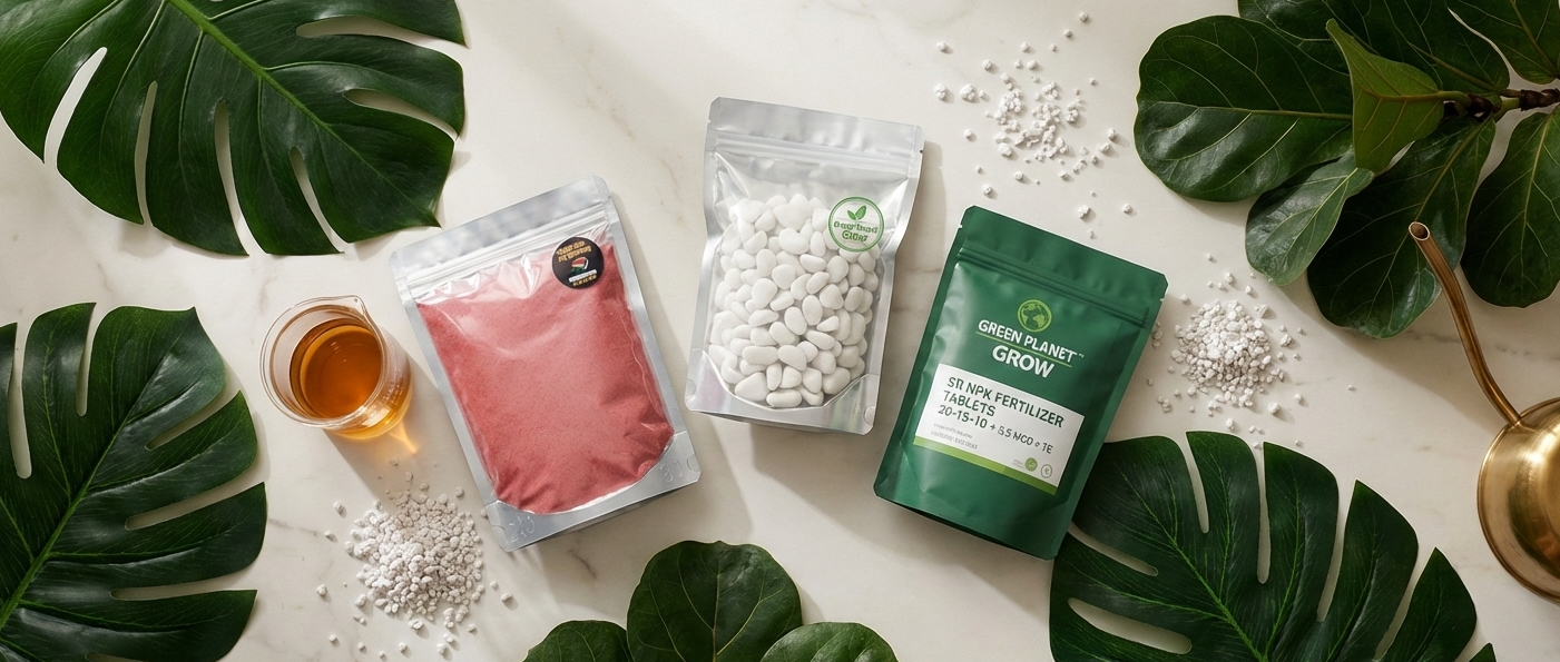 Assorted health products including a pink pouch, green container, and white packets on a marble surface with leaves.