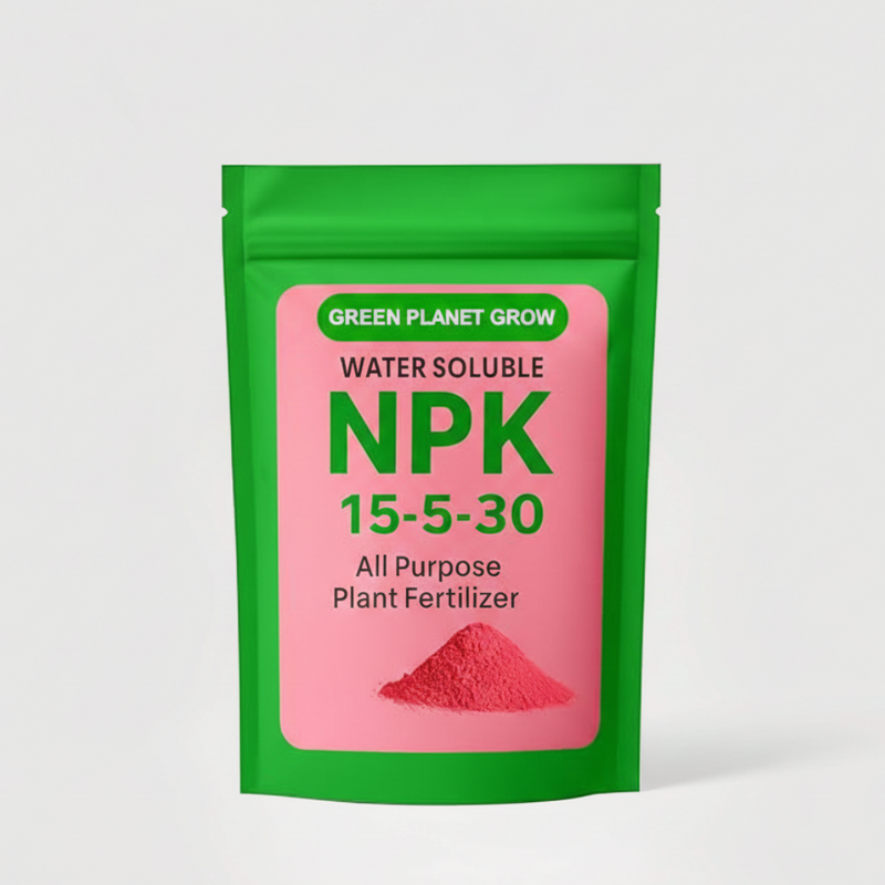 Green and pink package of Green Planet Grow NPK fertilizer on a white background