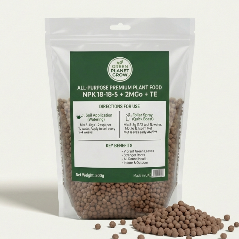 Package of Green Planet Grow all-purpose premium plant food with brown pellets on a white background