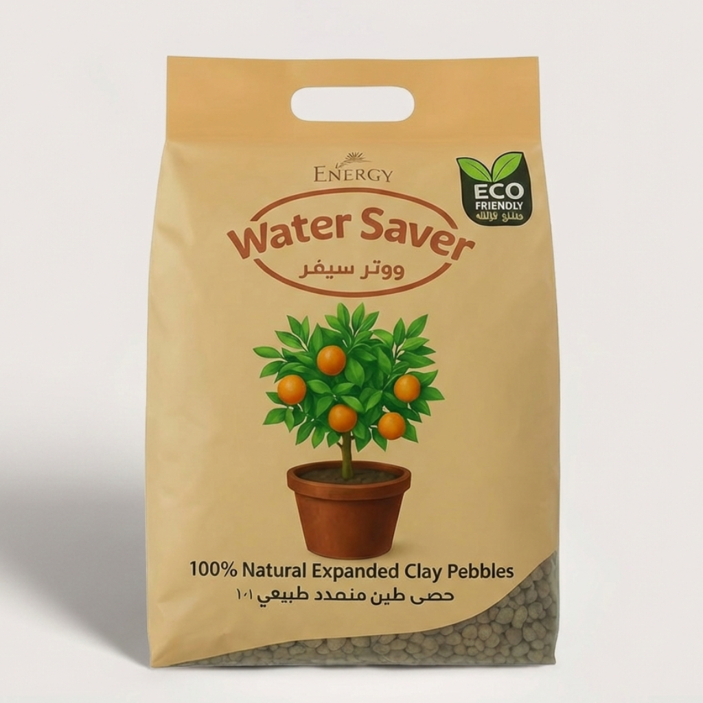 Bag of Water Saver expanded clay pebbles with a plant illustration on a white background