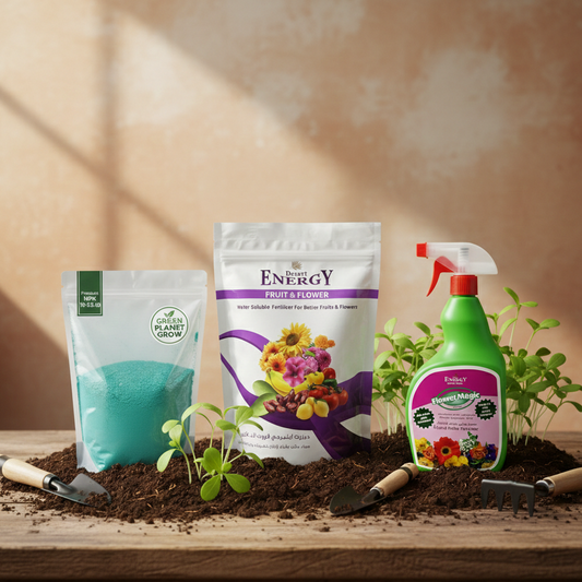 Gardening products including plant food packets and a spray bottle on a wooden surface with plants.